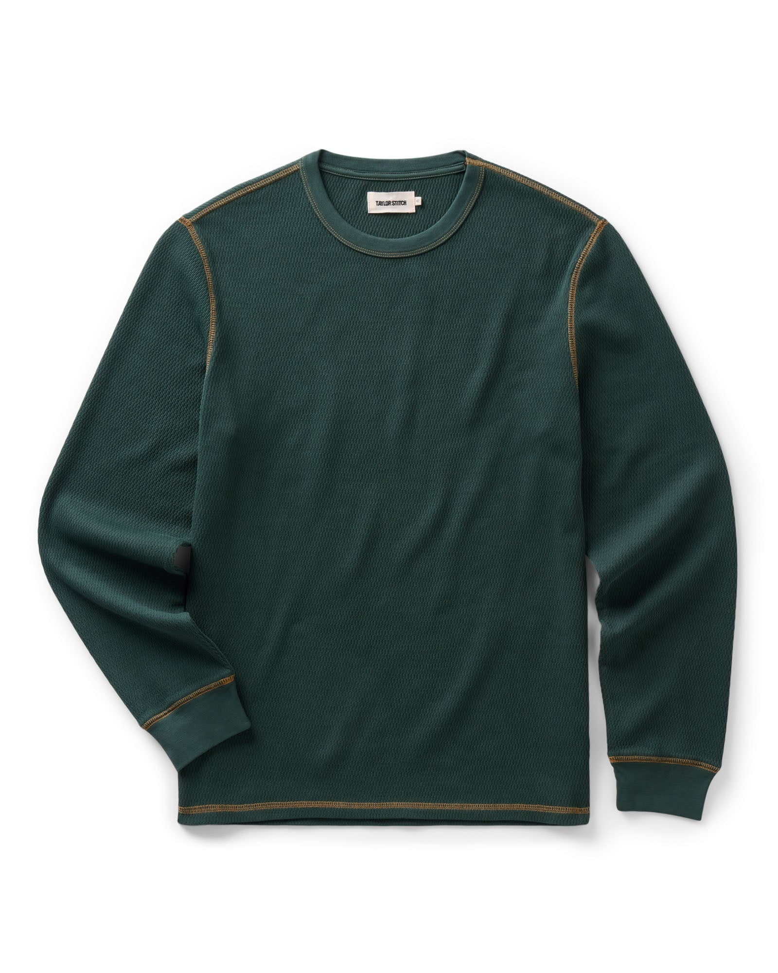 flatlay of The Organic Cotton Crew in Dark Forest Waffle, Knits by Taylor Stitch