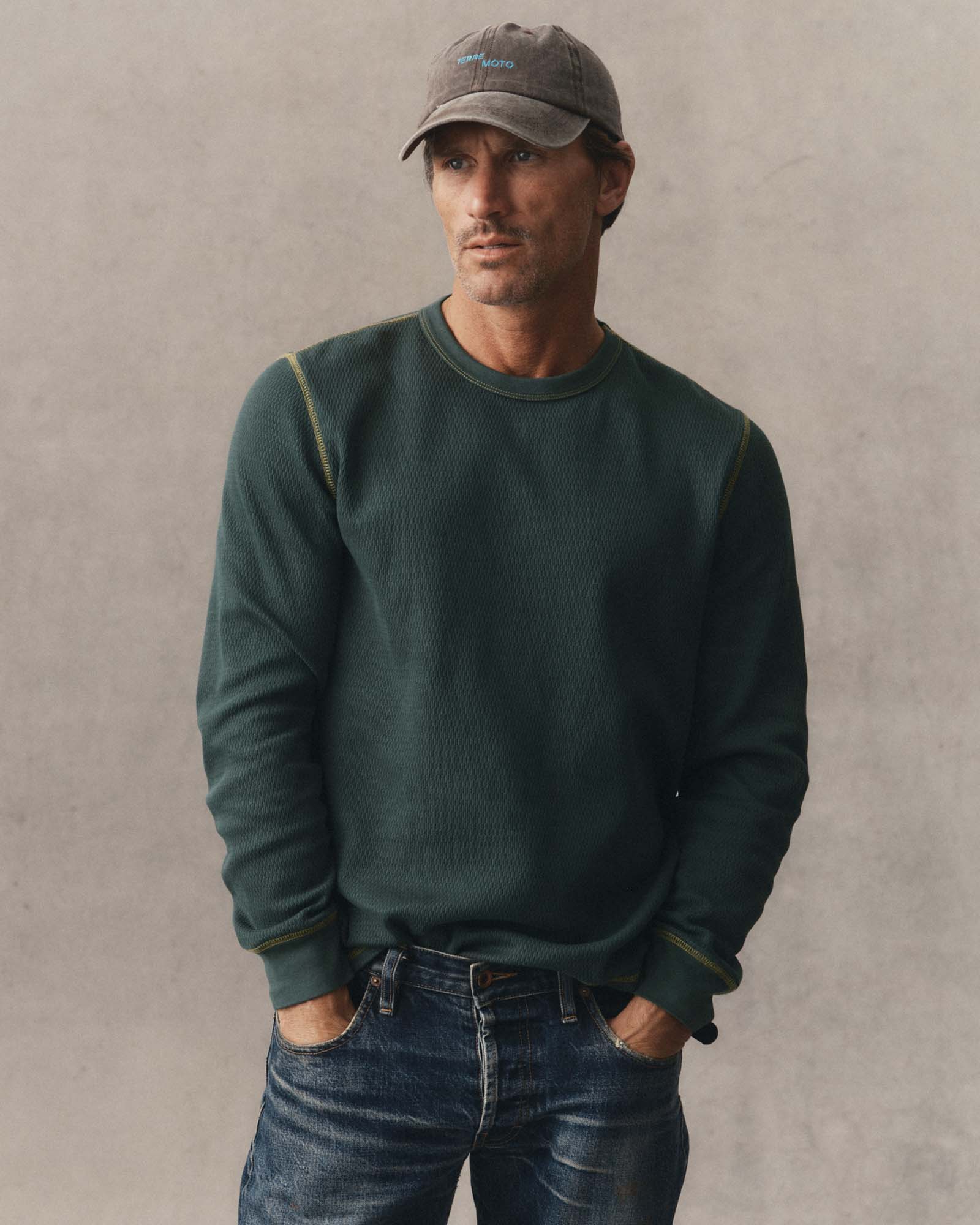 fi tmodel showing off The Organic Cotton Crew in Dark Forest Waffle, Knits by Taylor Stitch