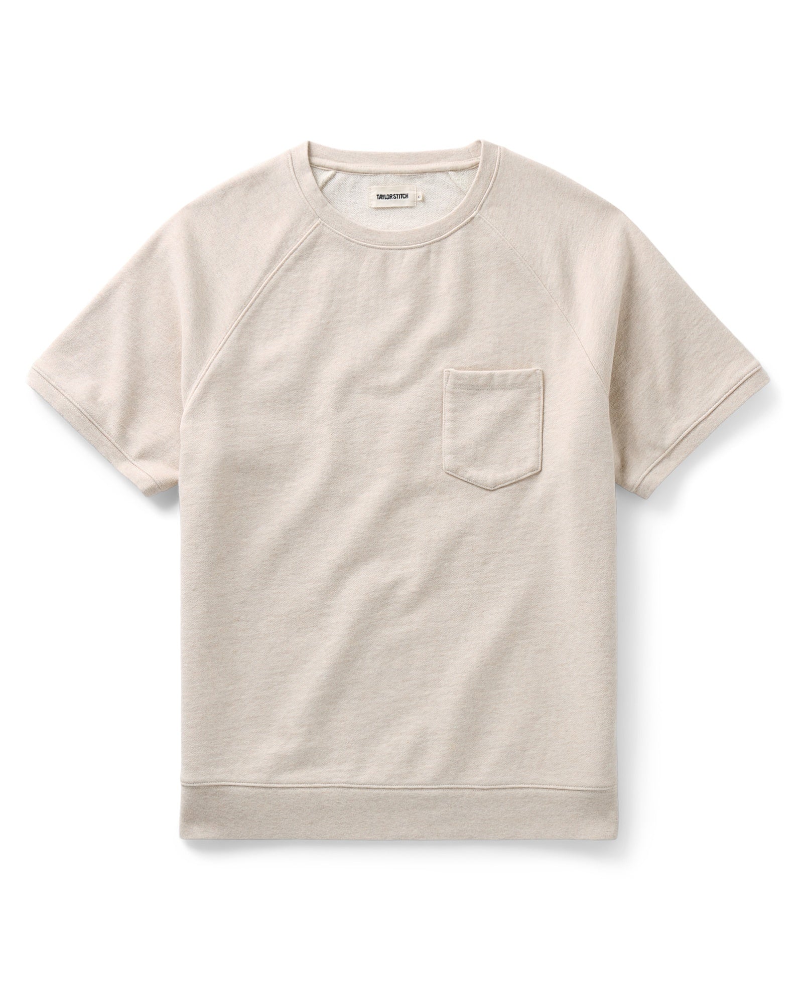 flatlay of The Short Sleeve Sunset Crew in Heather Oat Terry, Knits by Taylor Stitch
