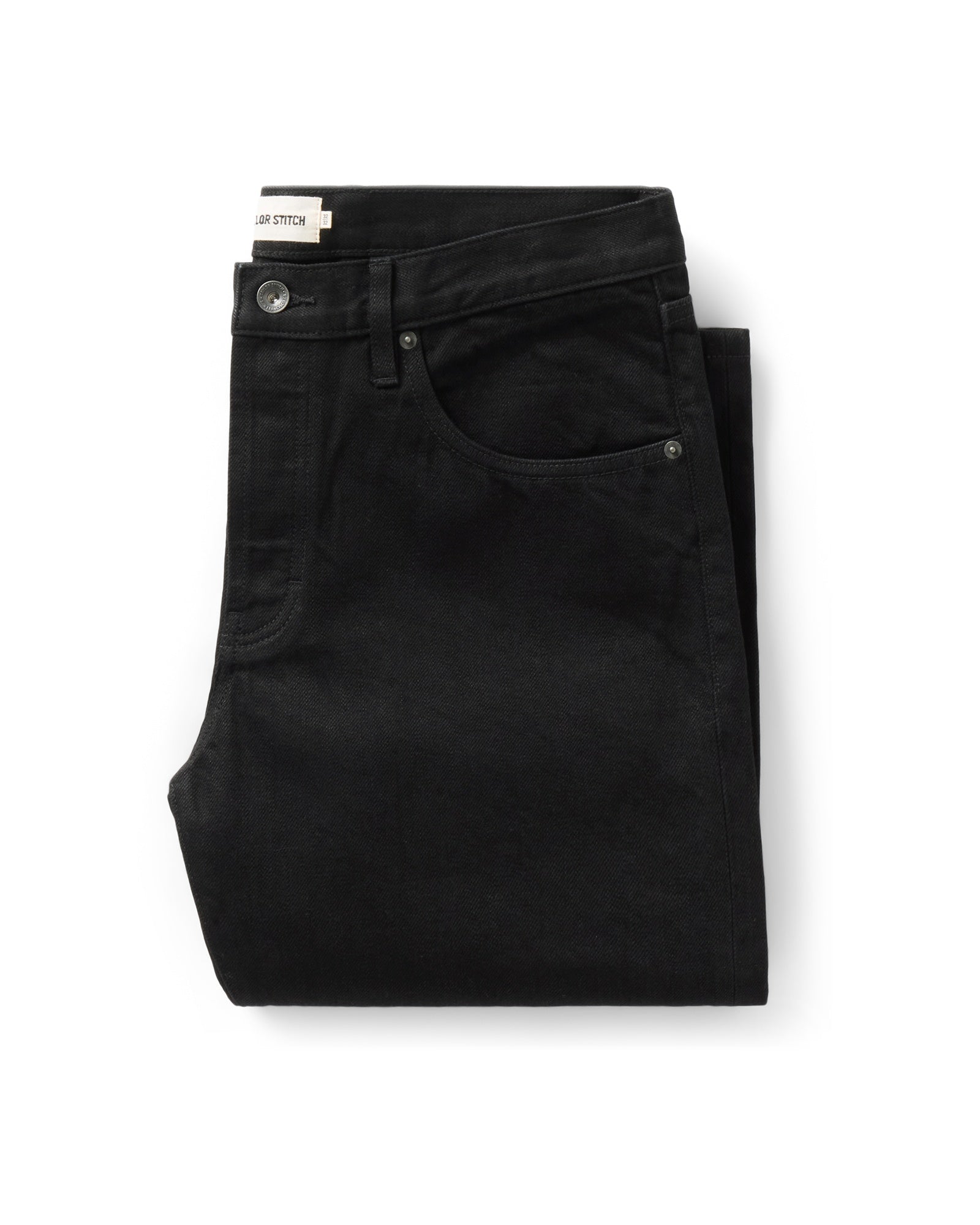 folded flatlay of The Straight Jean in Rinsed Black Organic Selvedge, Bottoms by Taylor Stitch
