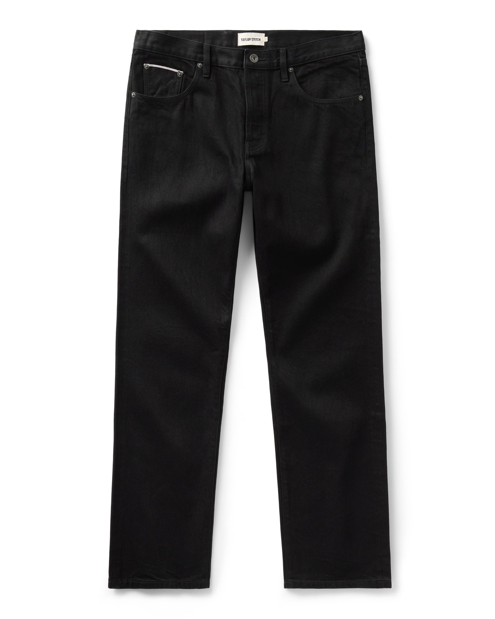 flatlay of The Straight Jean in Rinsed Black Organic Selvedge, Bottoms by Taylor Stitch