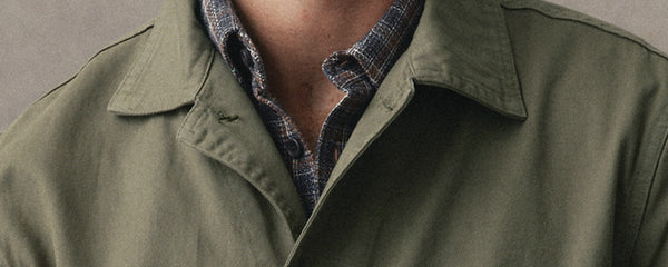 Model wearing The Ojai Jacket in Organic Smoked Olive Foundation Twill