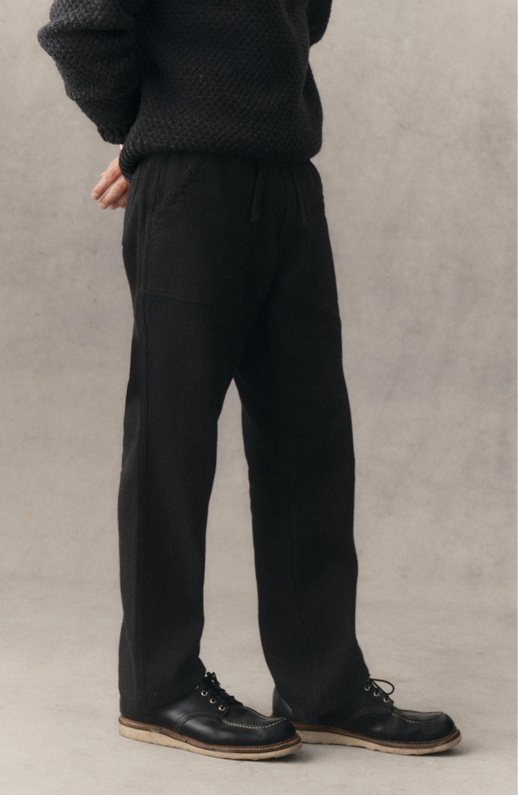 fit model posing in The Breakwater Pant in Black Indigo Sashiko