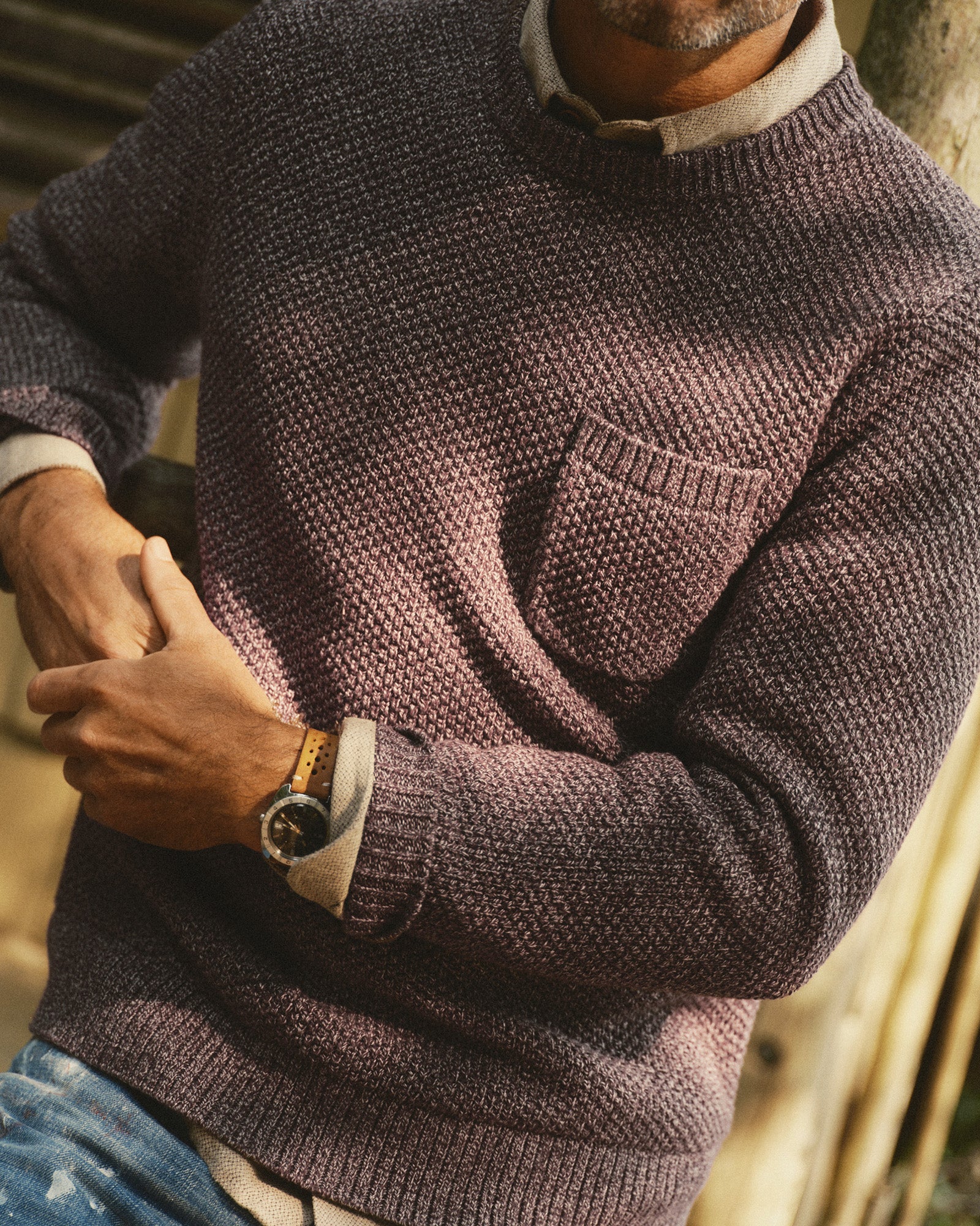 fit model showing off The Crawford Crew Sweater in Burgundy Twist, Sweaters by Taylor Stitch