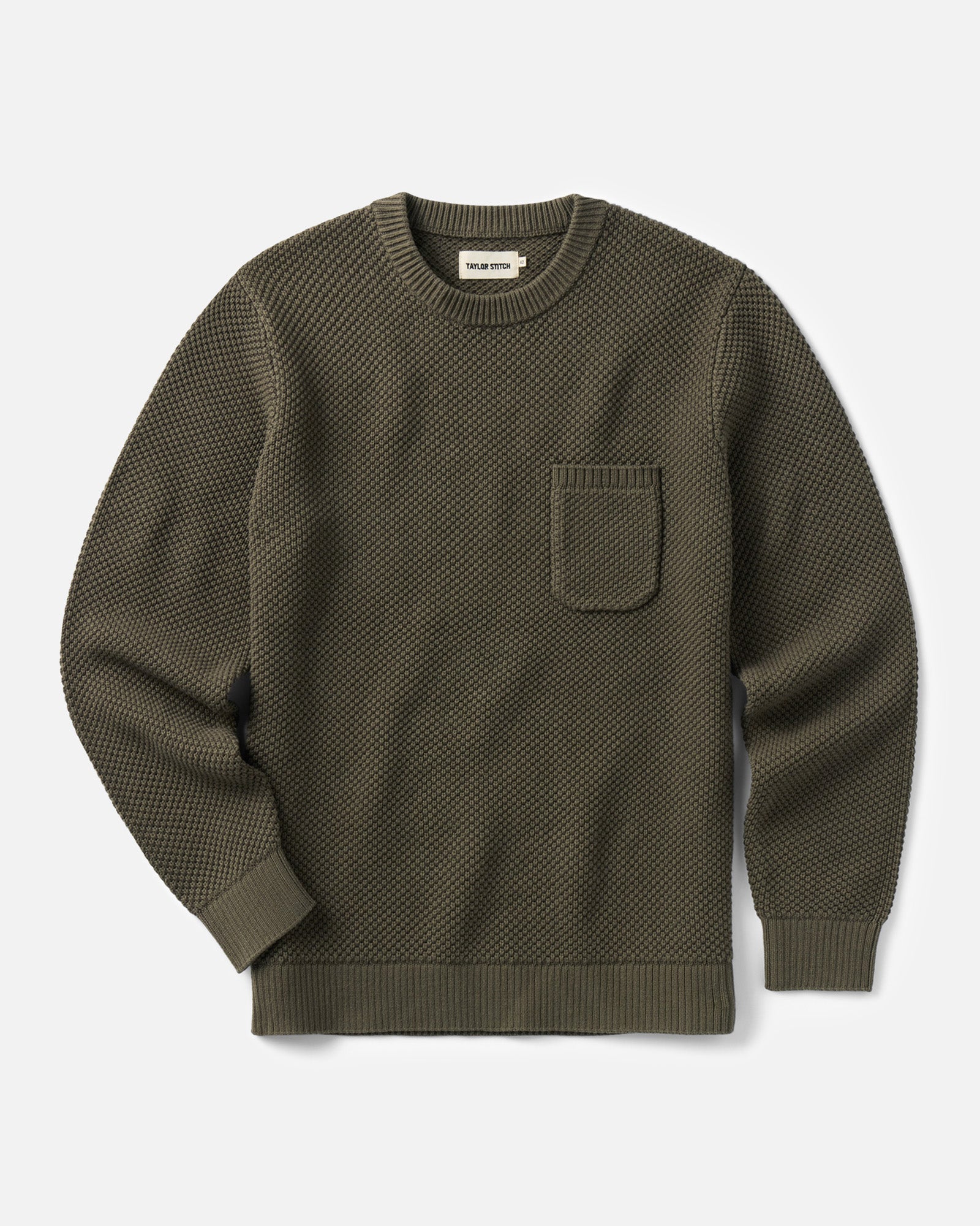 flatlay of The Crawford Crew Sweater in Fatigue Olive, Sweaters by Taylor Stitch