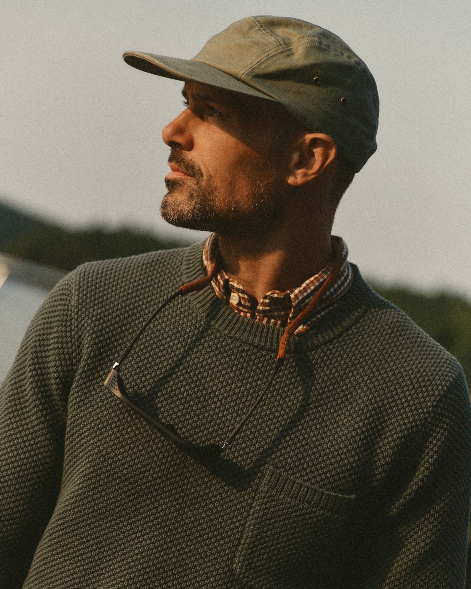 fit model showing off The Crawford Crew Sweater in Fatigue Olive, Sweaters by Taylor Stitch