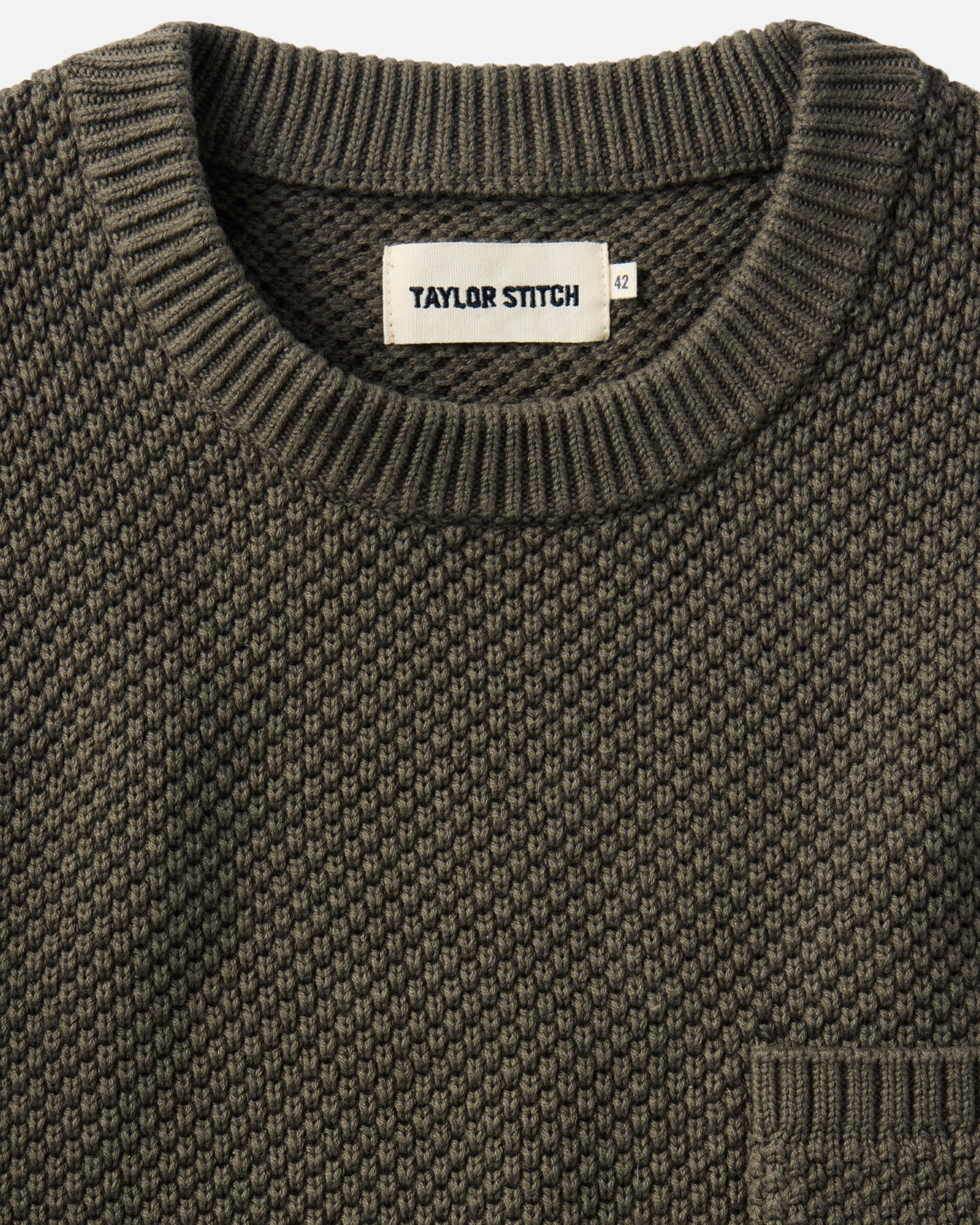 material shot of the collar on The Crawford Crew Sweater in Fatigue Olive, Sweaters by Taylor Stitch