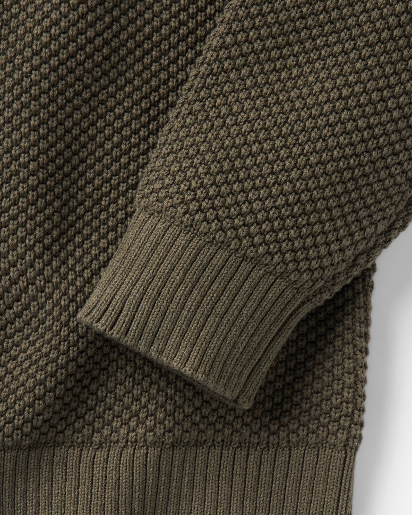 material shot of the sleeve on The Crawford Crew Sweater in Fatigue Olive, Sweaters by Taylor Stitch