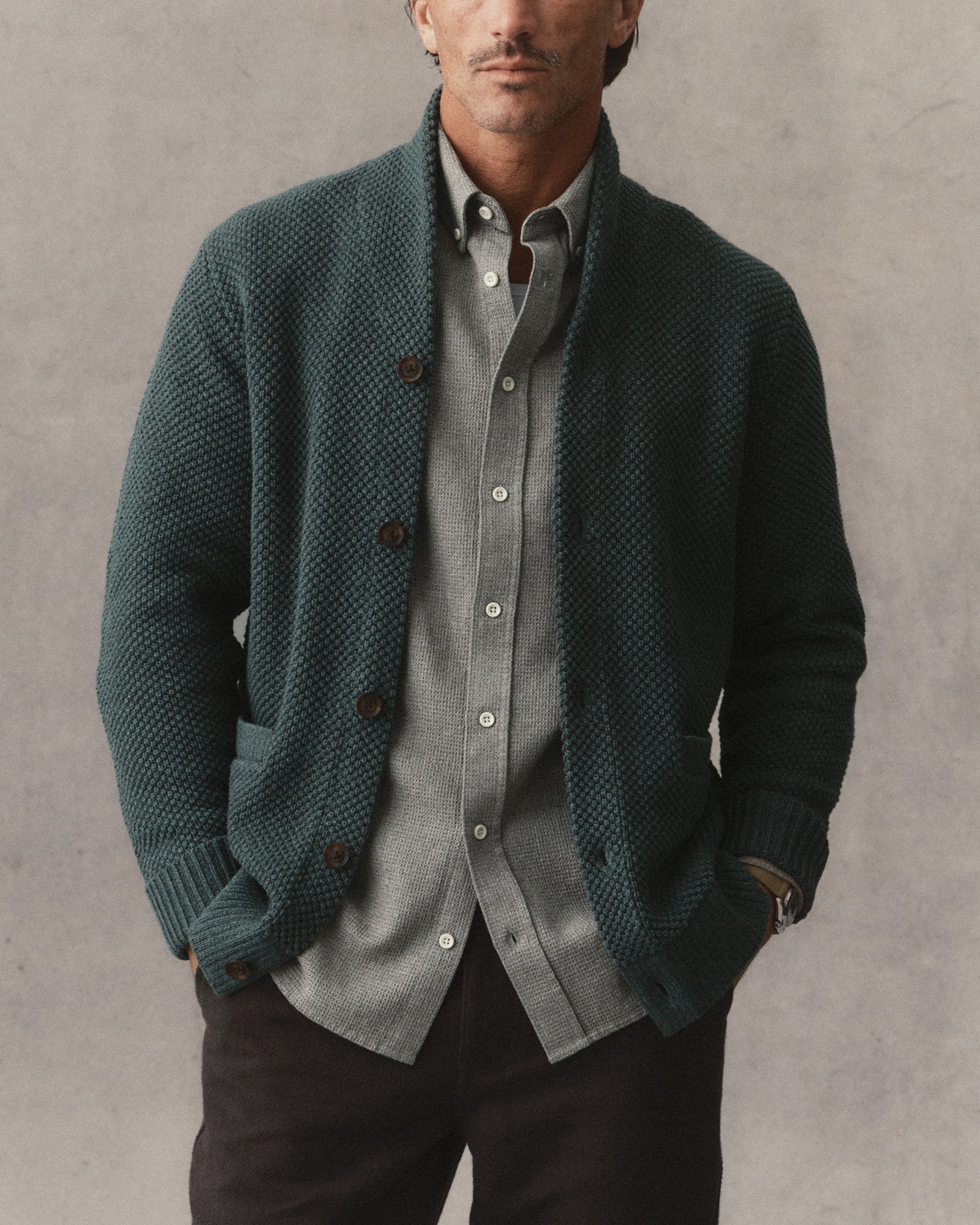 fit model showing off The Crawford Sweater in Dark Forest Twist, Sweaters by Taylor Stitch