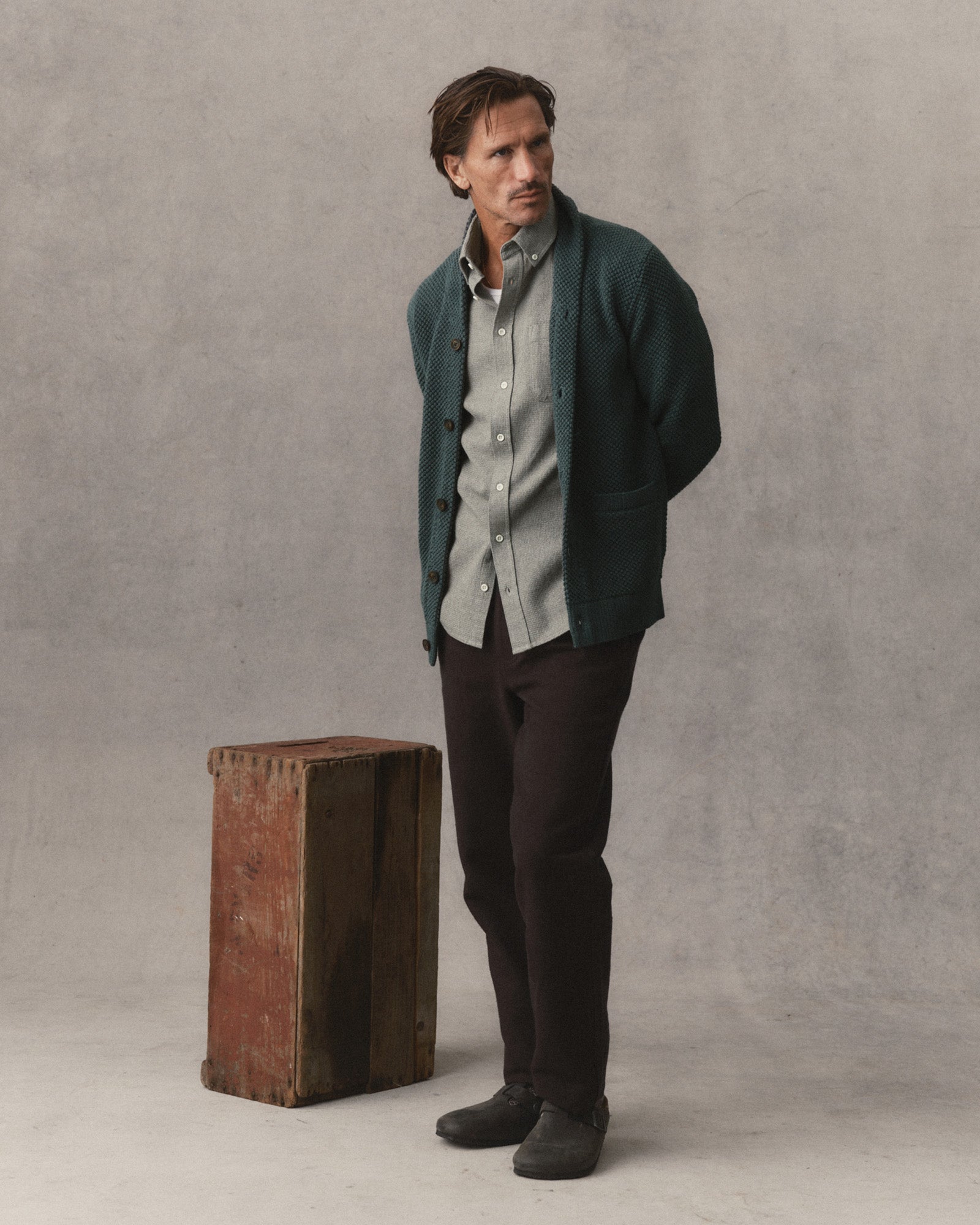 fit model posing in The Crawford Sweater in Dark Forest Twist, Sweaters by Taylor Stitch