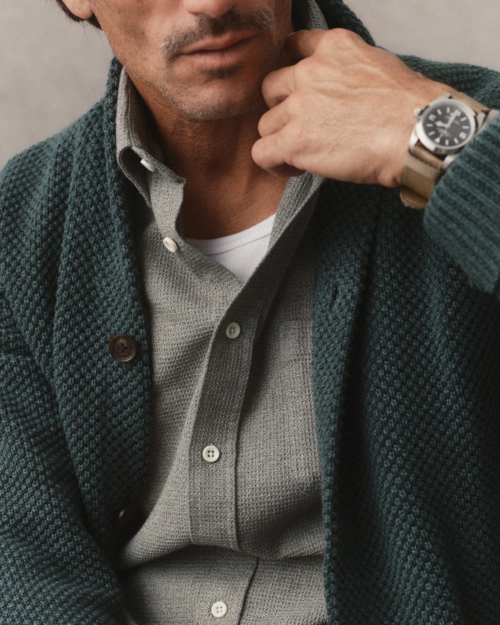 fit model showing off The Crawford Sweater in Dark Forest Twist, Sweaters by Taylor Stitch