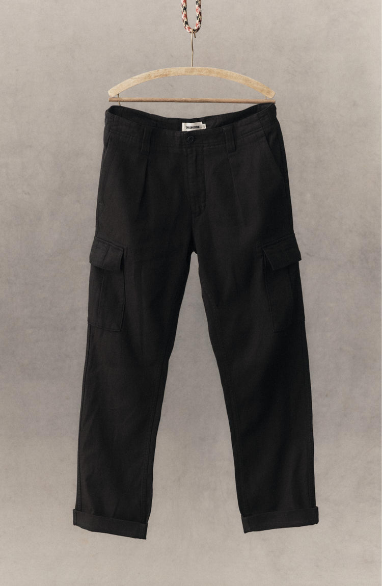 editorial image of The Forest Cargo Pant in Coal Broken Twill
