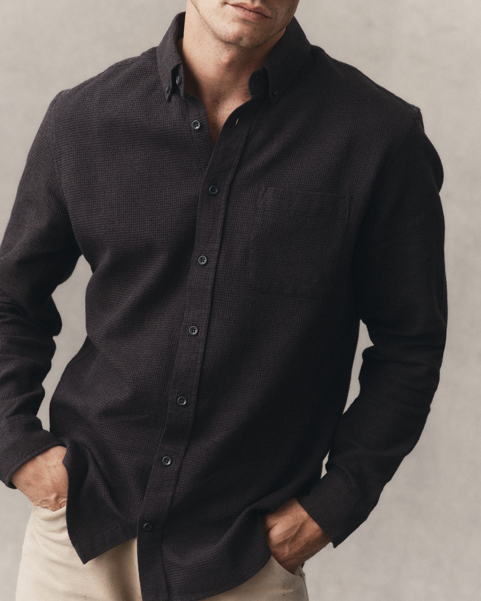 fit model showing the front of The Jack in Coal Waffle, Wovens by Taylor Stitch
