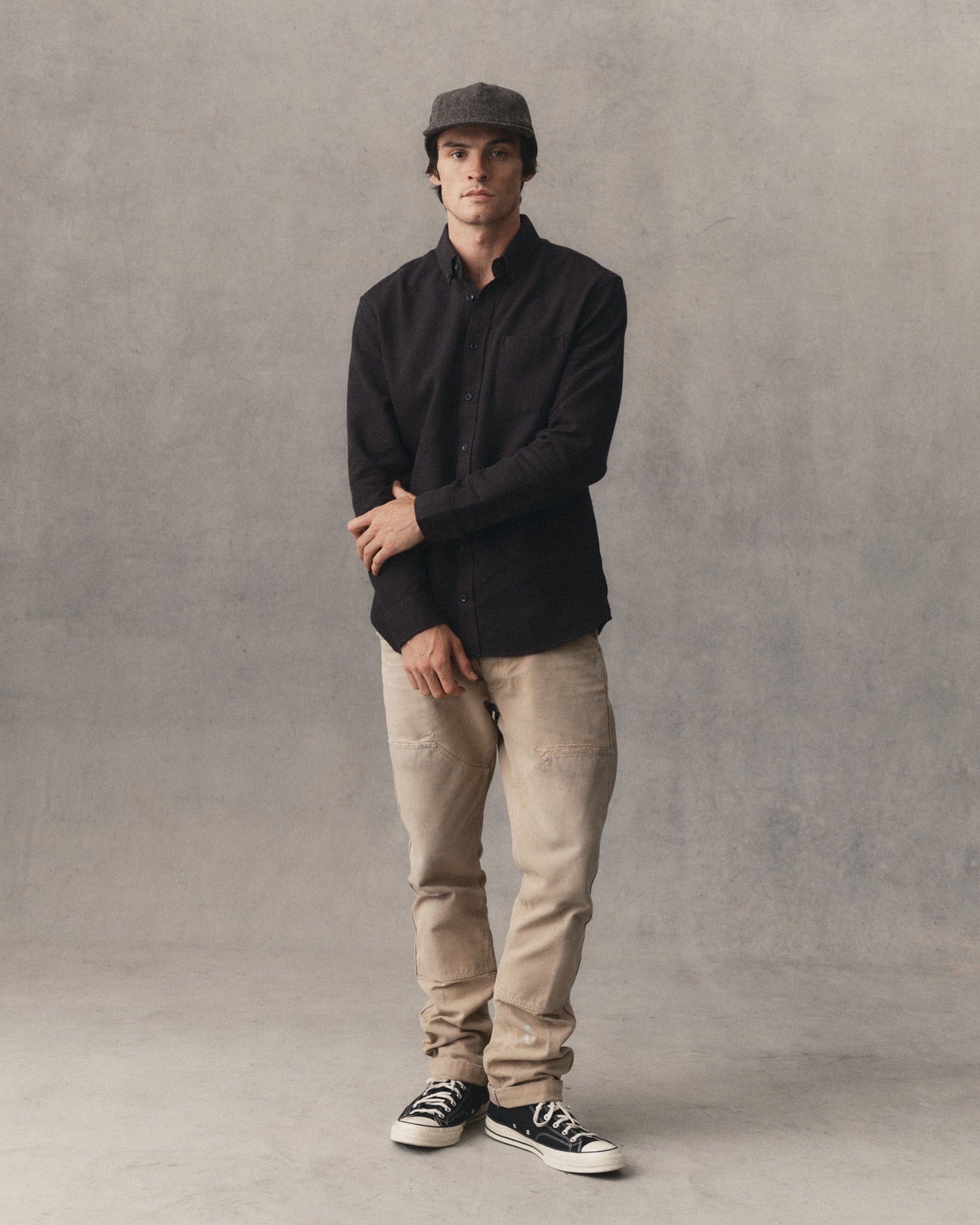 fit model wearing The Jack in Coal Waffle, Wovens by Taylor Stitch