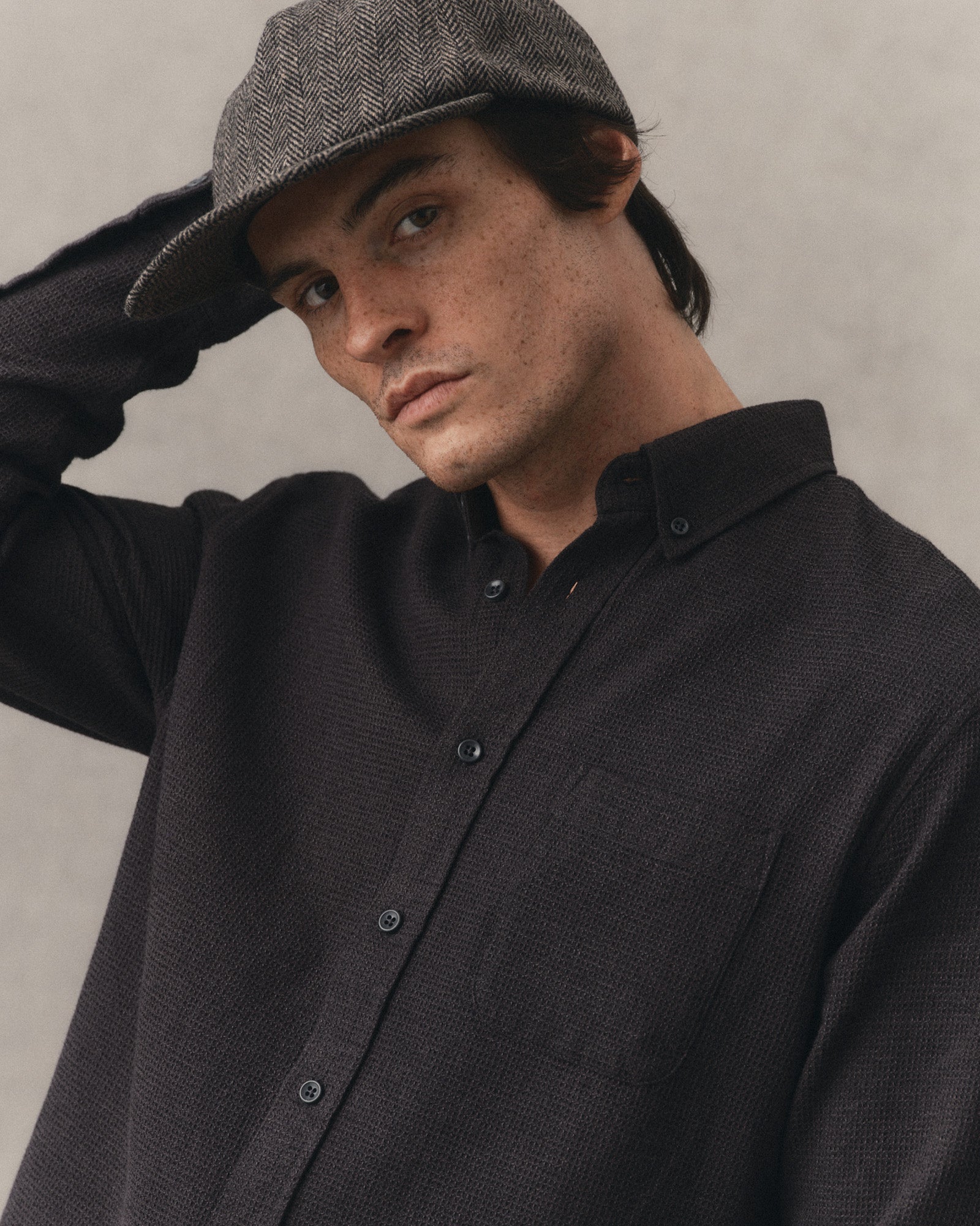 fit model in The Jack in Coal Waffle, Wovens by Taylor Stitch