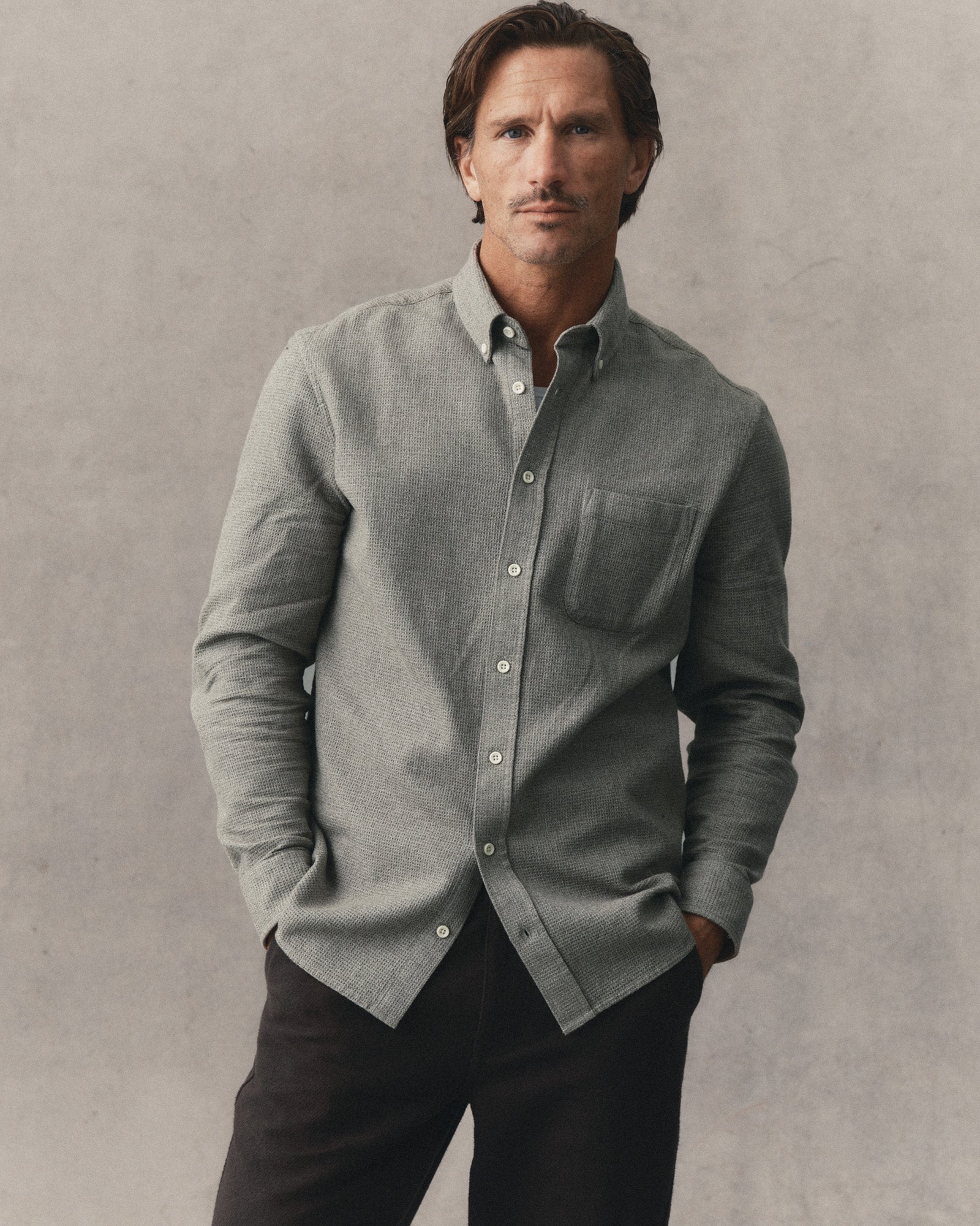 fit model showing off The Jack in Fern Twist Waffle, Wovens by Taylor Stitch