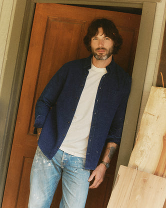 fit model wearing The Jack in Rinsed Indigo Waffle