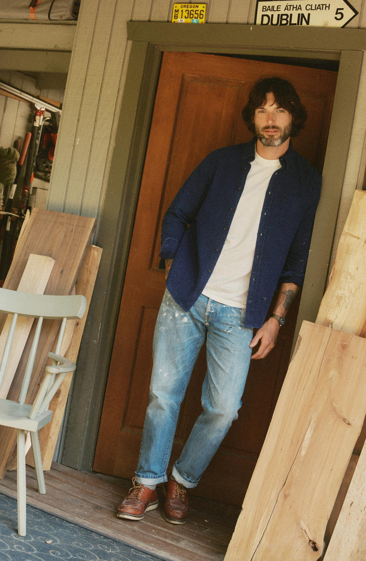Model wearing The Jack in Indigo Waffle