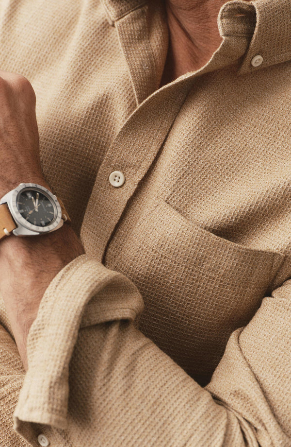fit model showing off the buttons on The Jack in Saffron Waffle