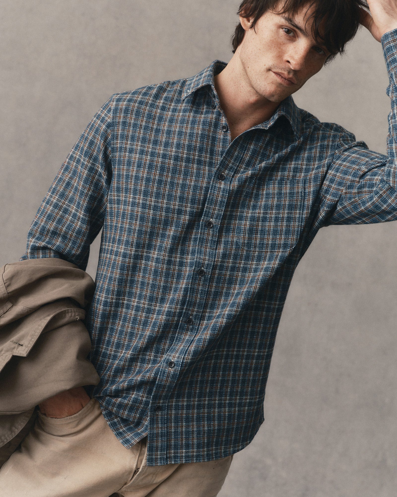 fit model posing in The Jack in Valley Plaid Waffle, Wovens by Taylor Stitch