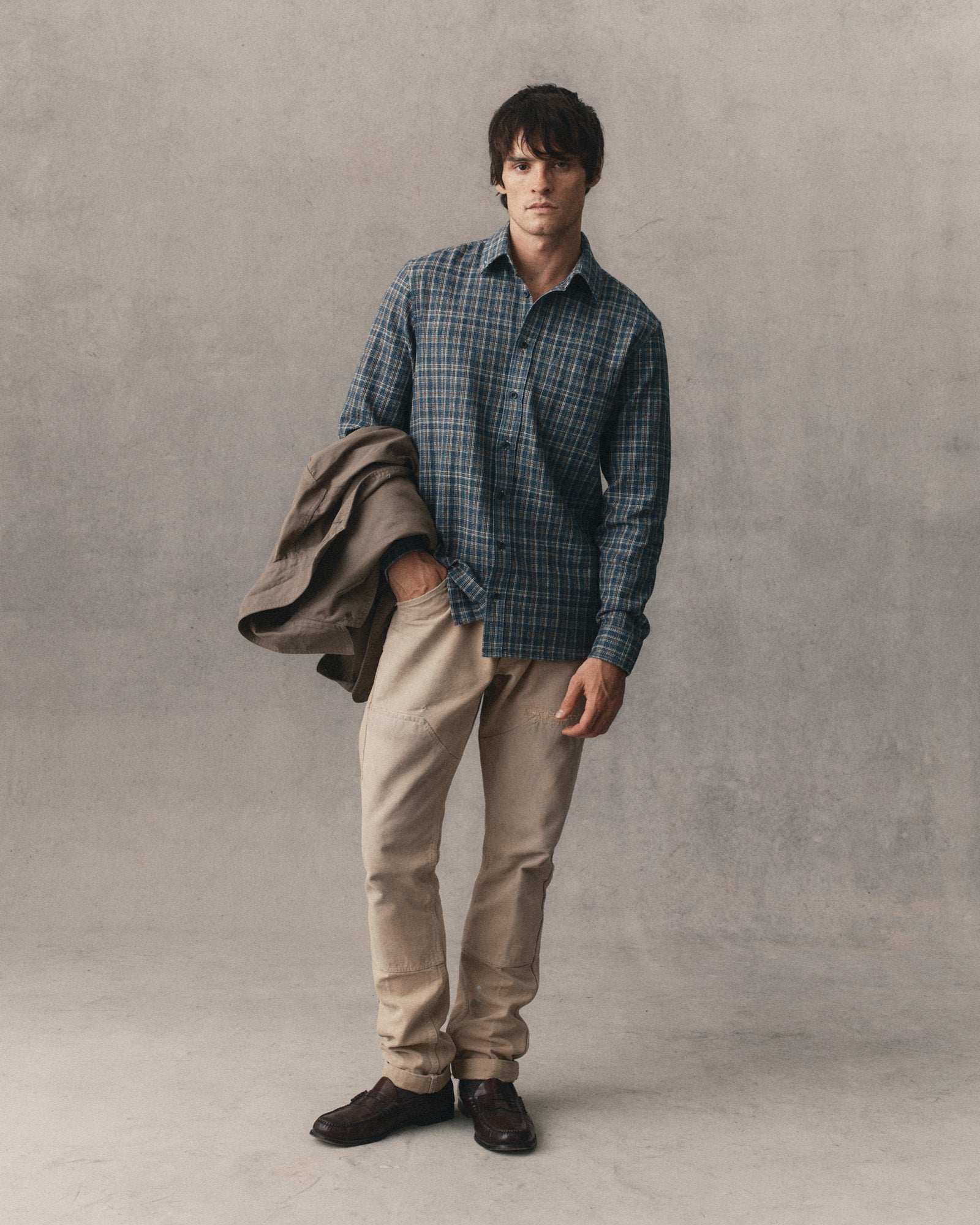 fit model showing off The Jack in Valley Plaid Waffle, Wovens by Taylor Stitch