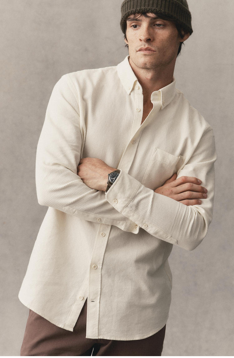 fit model wearing The Jack in Vintage White Waffle