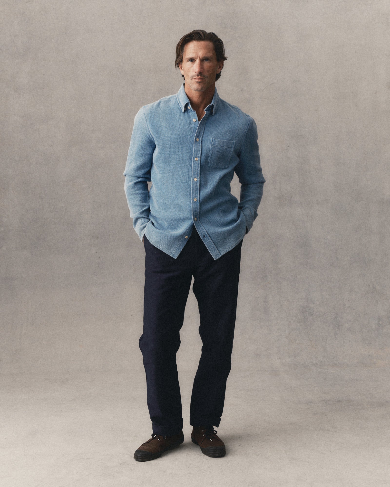 fit model wearing The Jack in Washed Indigo Waffle, Wovens by Taylor Stitch