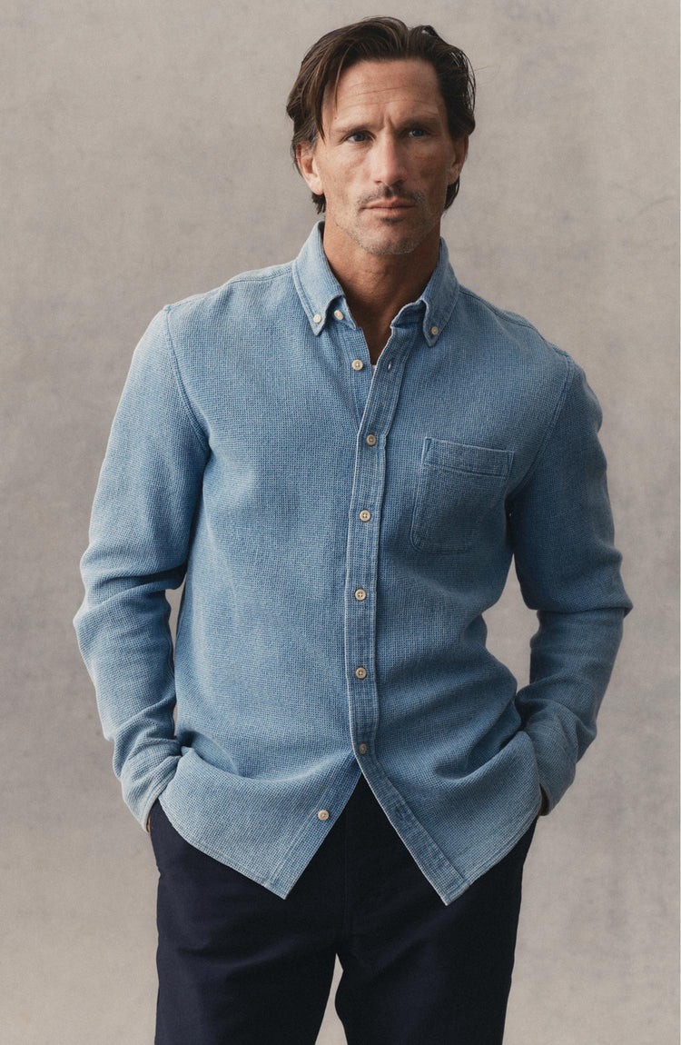 fit model posing in The Jack in Washed Indigo Waffle