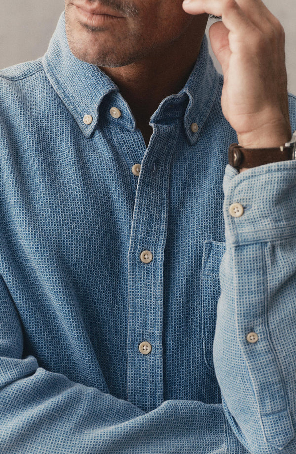 fit model sitting wearing The Jack in Washed Indigo Waffle