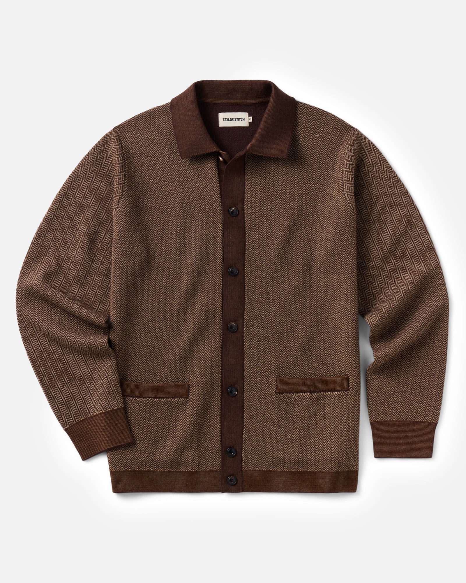 flatlay of The Miles Sweater Polo in Espresso Merino, Sweaters by Taylor Stitch
