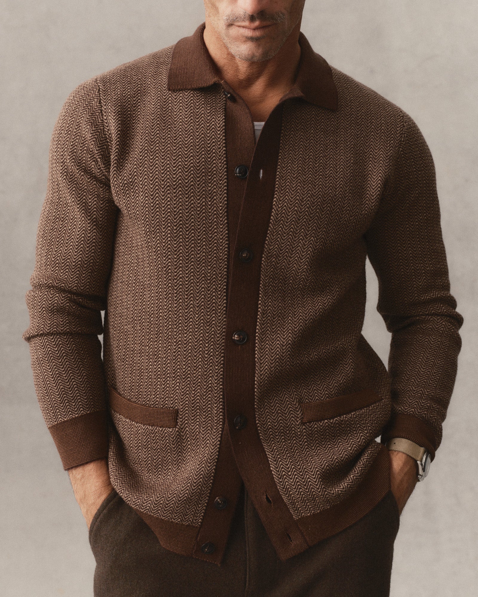 fit model showing off The Miles Sweater Polo in Espresso Merino, Sweaters by Taylor Stitch