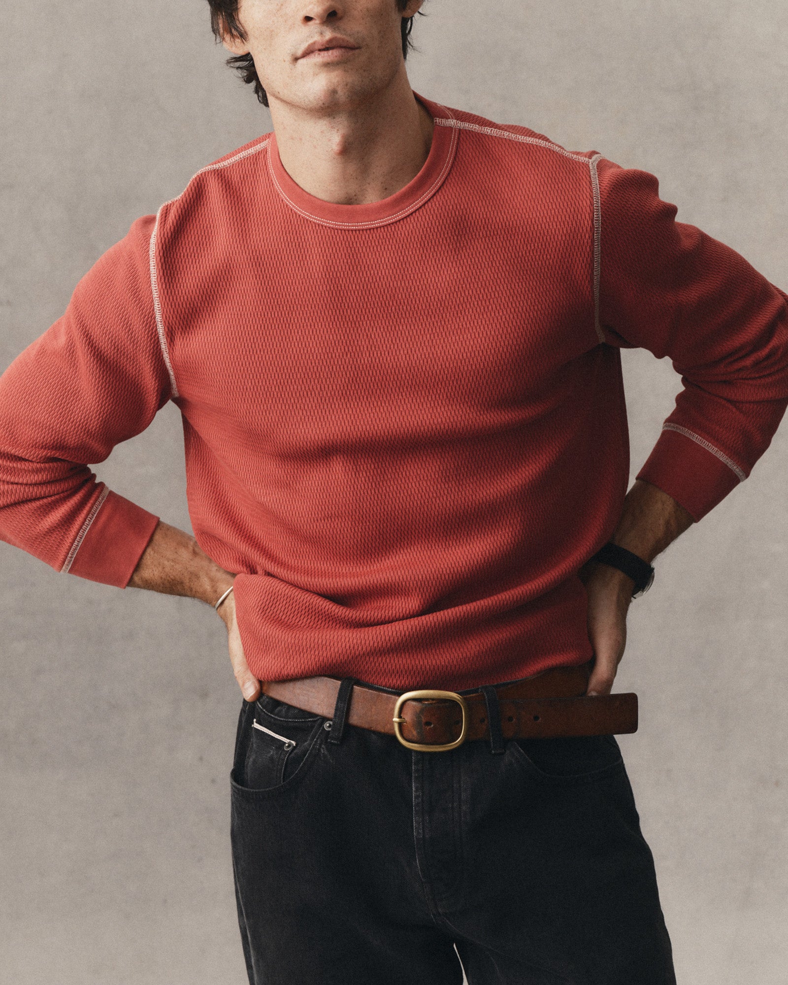 fit model showing off The Organic Cotton Crew in Canyon Waffle, Knits by Taylor Stitch
