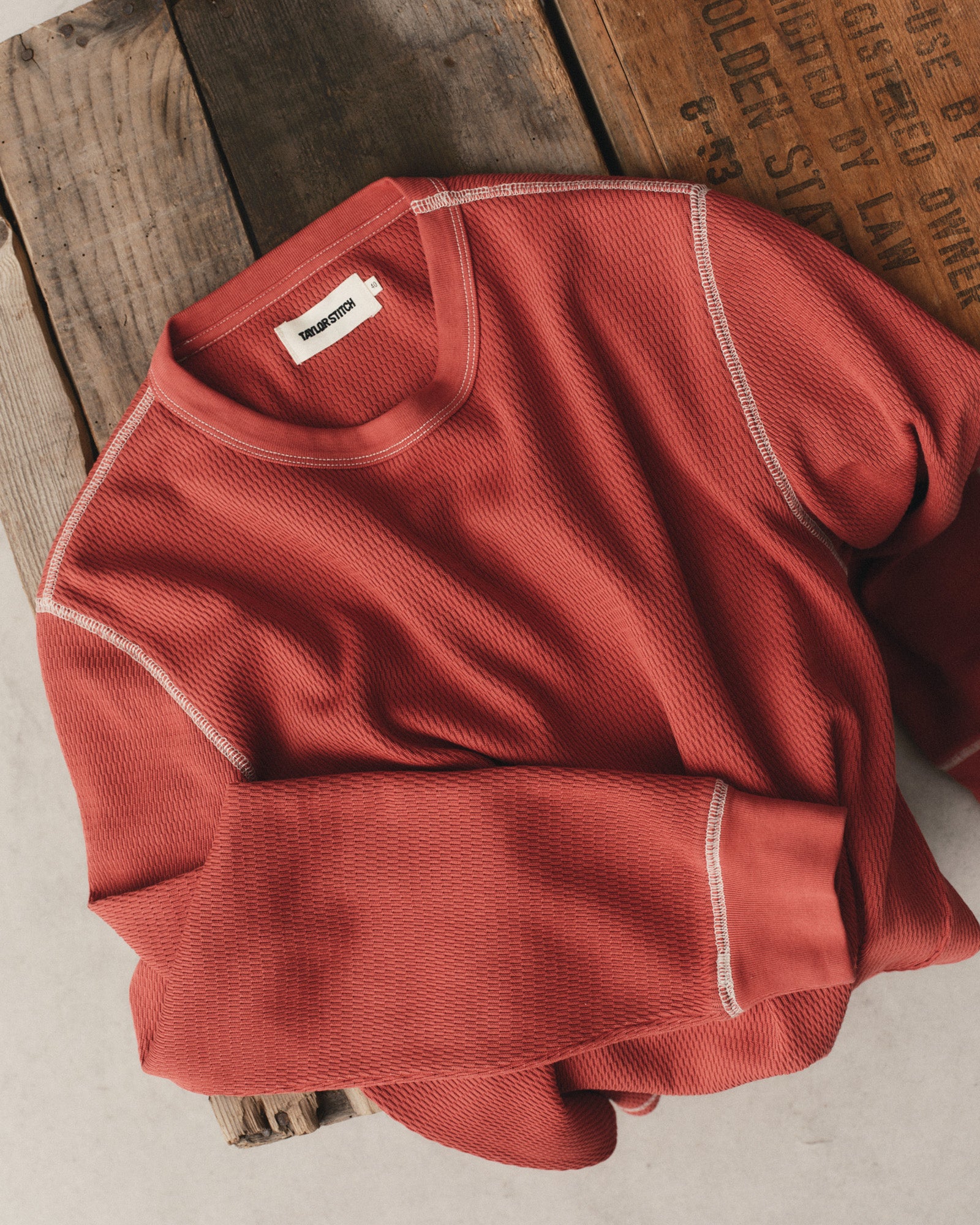 editorial flatlay of The Organic Cotton Crew in Canyon Waffle, Knits by Taylor Stitch