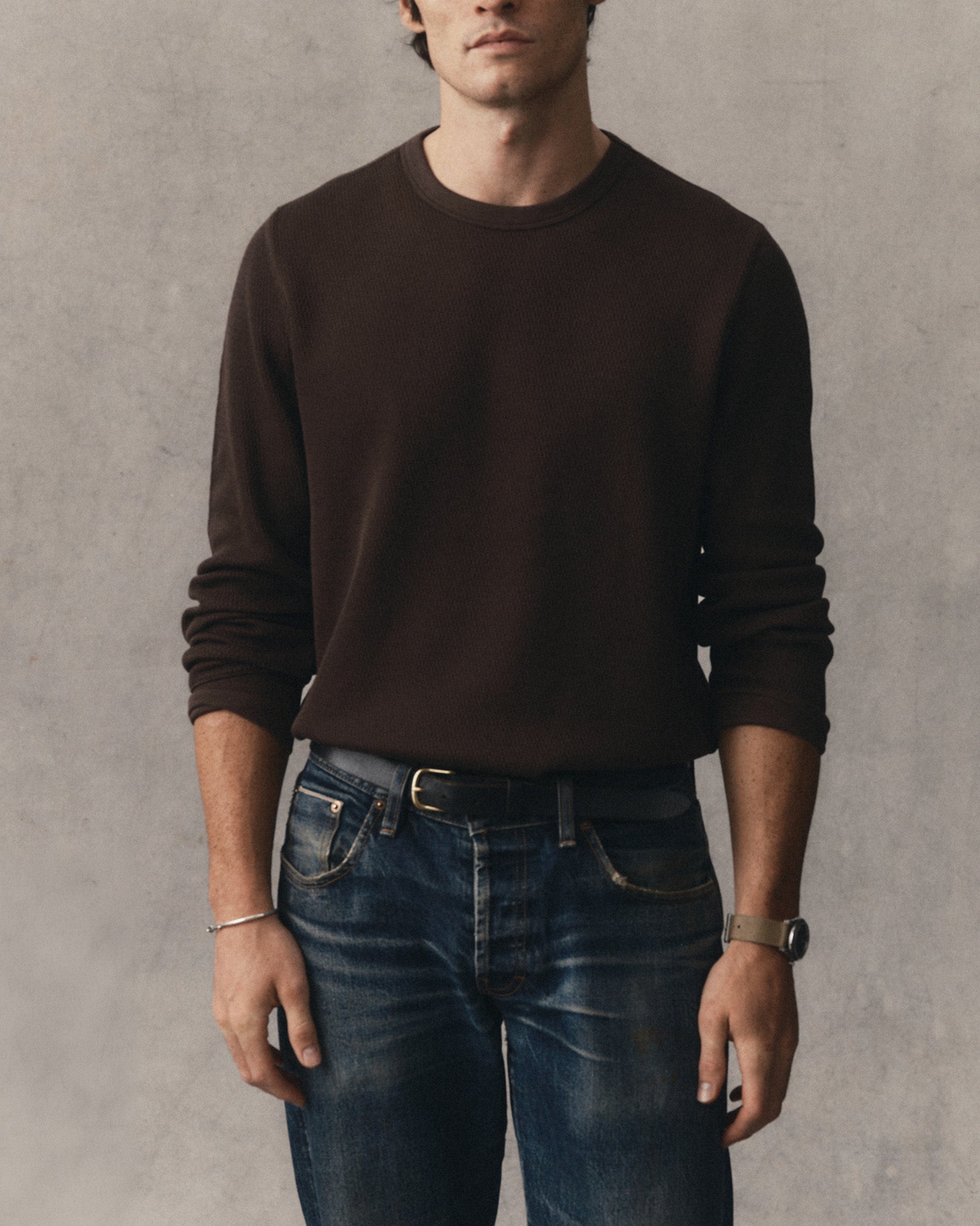 fit model showing off The Organic Cotton Crew in Soil Waffle, Knits by Taylor Stitch