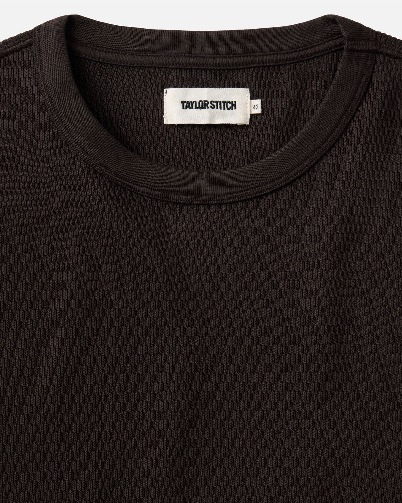 material shot of the collar on The Organic Cotton Crew in Soil Waffle, Knits by Taylor Stitch