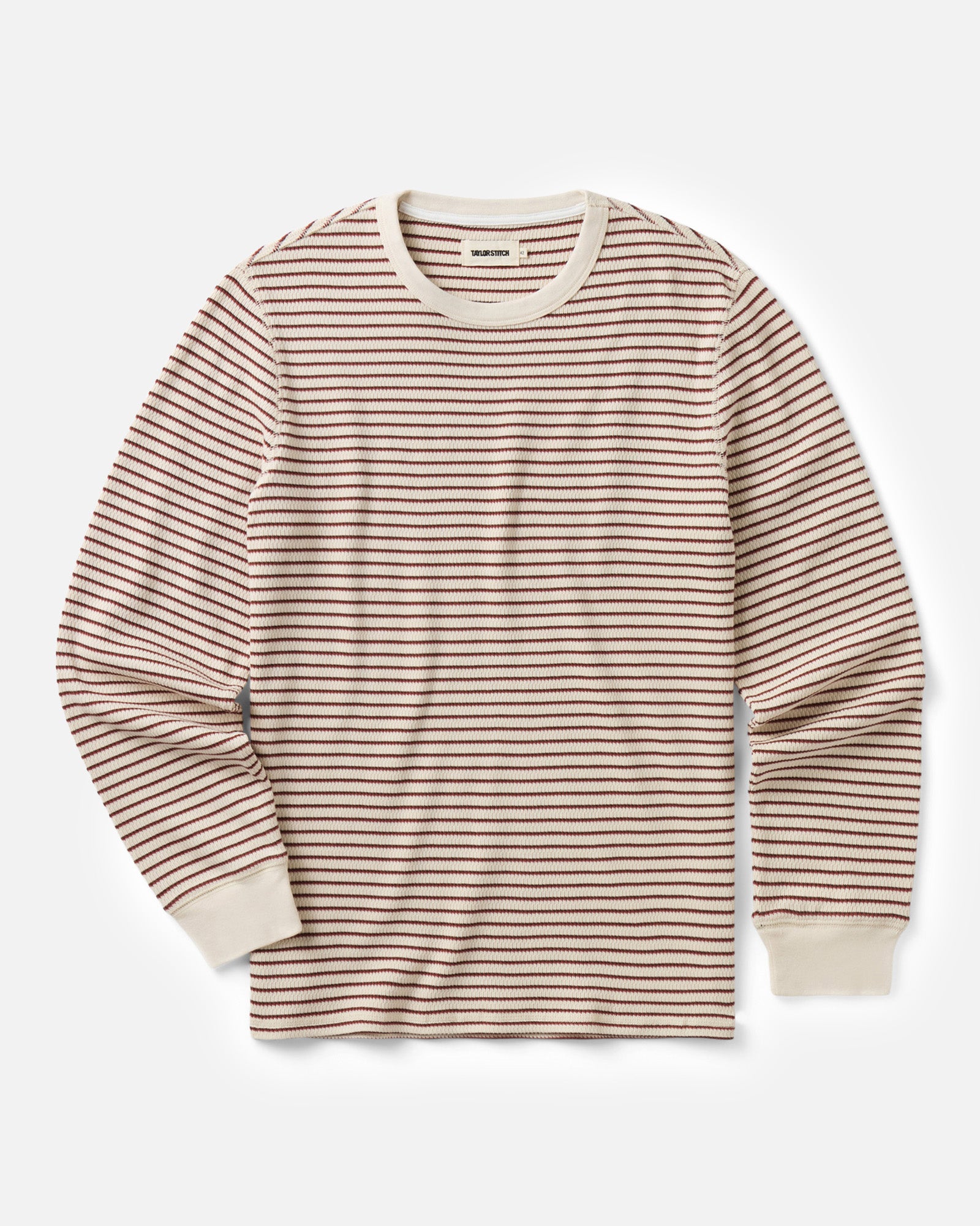 flatlay of The Organic Cotton Crew in Vintage White Stripe Waffle, Knits by Taylor Stitch