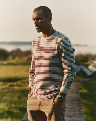 fit model showing off The Organic Cotton Crew in Vintage White Stripe Waffle