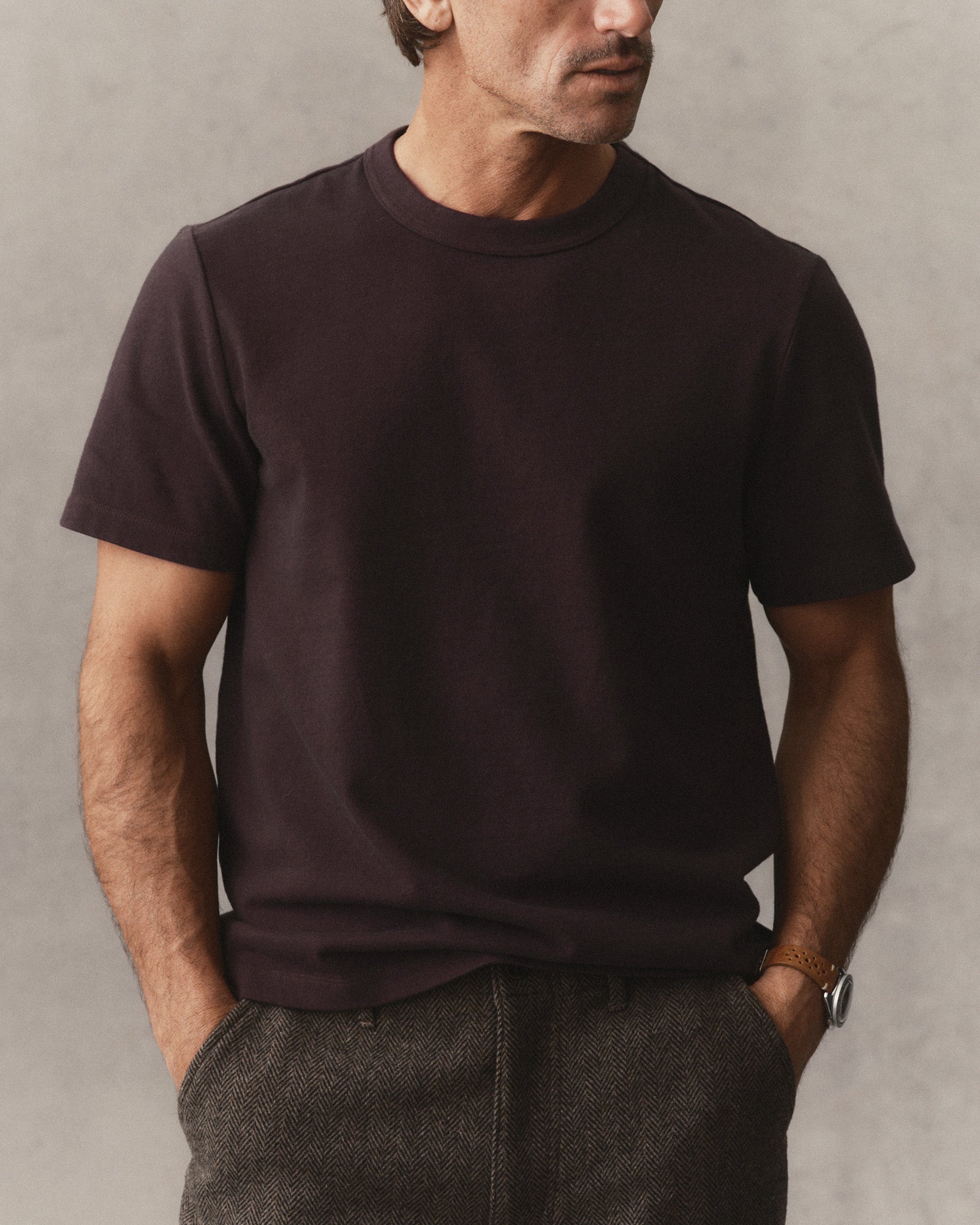 fit model showing off The Organic Cotton Shop Tee in Port Twist, Knits by Taylor Stitch