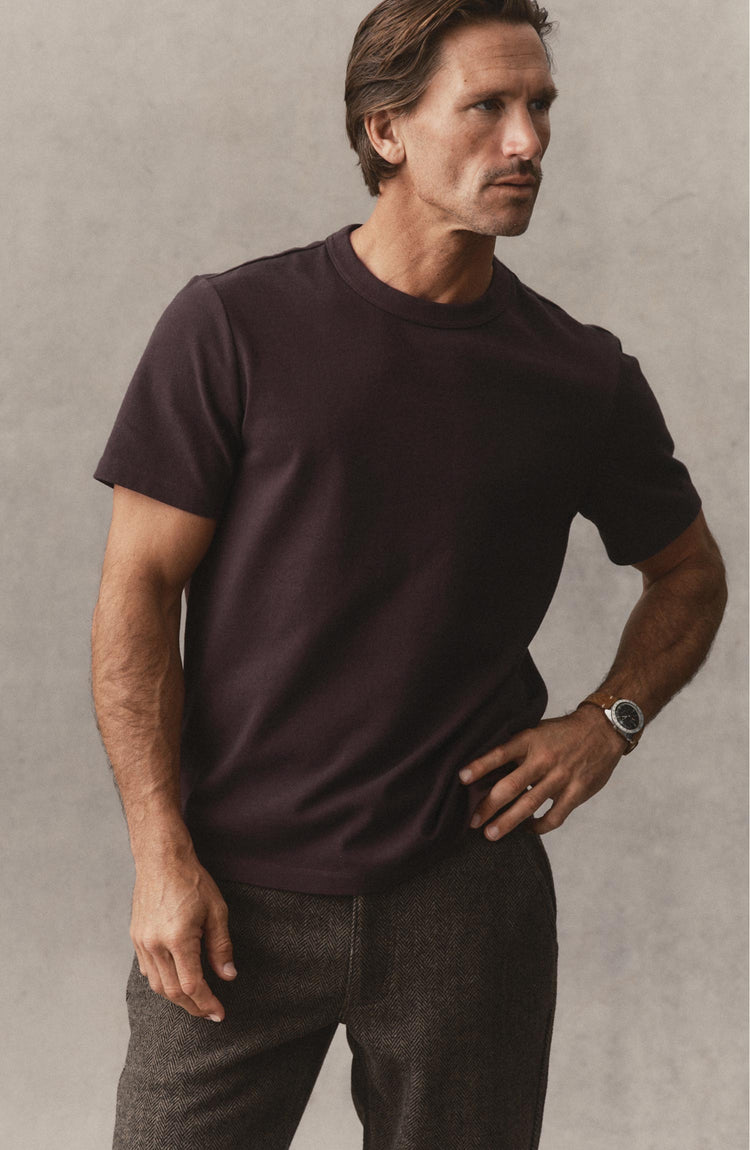 fit model posing in The Organic Cotton Shop Tee in Port Twist