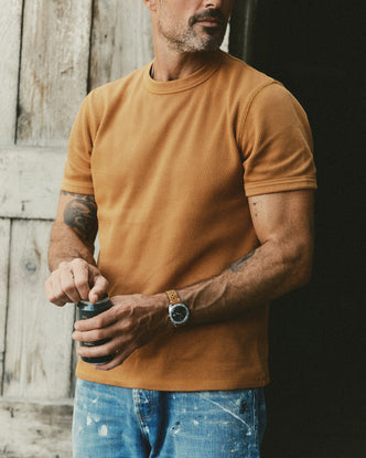 fit model showing off The Organic Cotton Short Sleeve Crew in Saffron Waffle