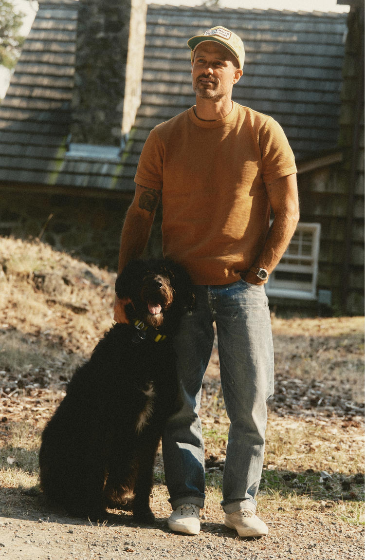fit model posing in The Organic Cotton Short Sleeve Crew in Saffron Waffle
