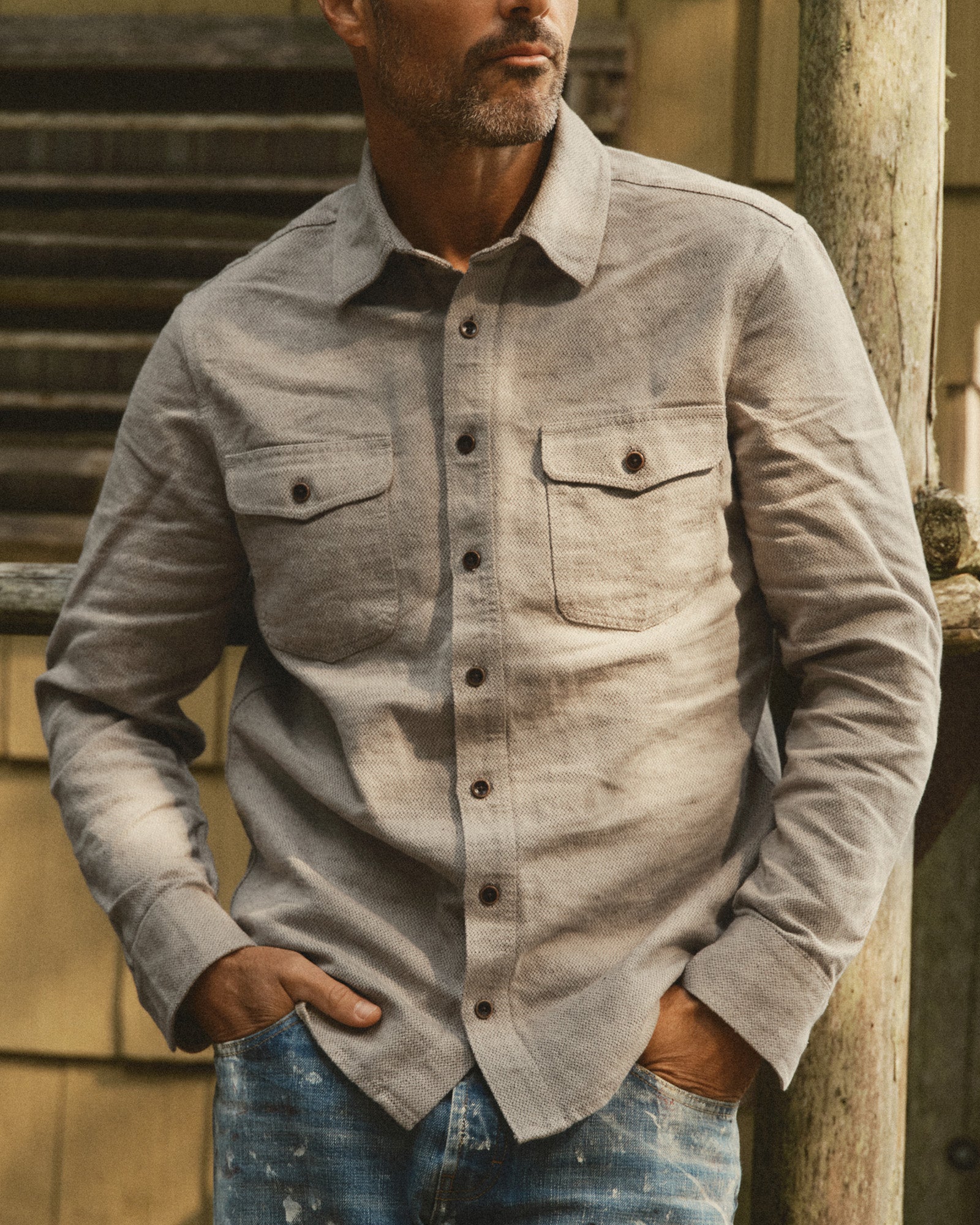 fit model showing off The Redding Shirt in Boulder Marl Hemp, Wovens by Taylor Stitch
