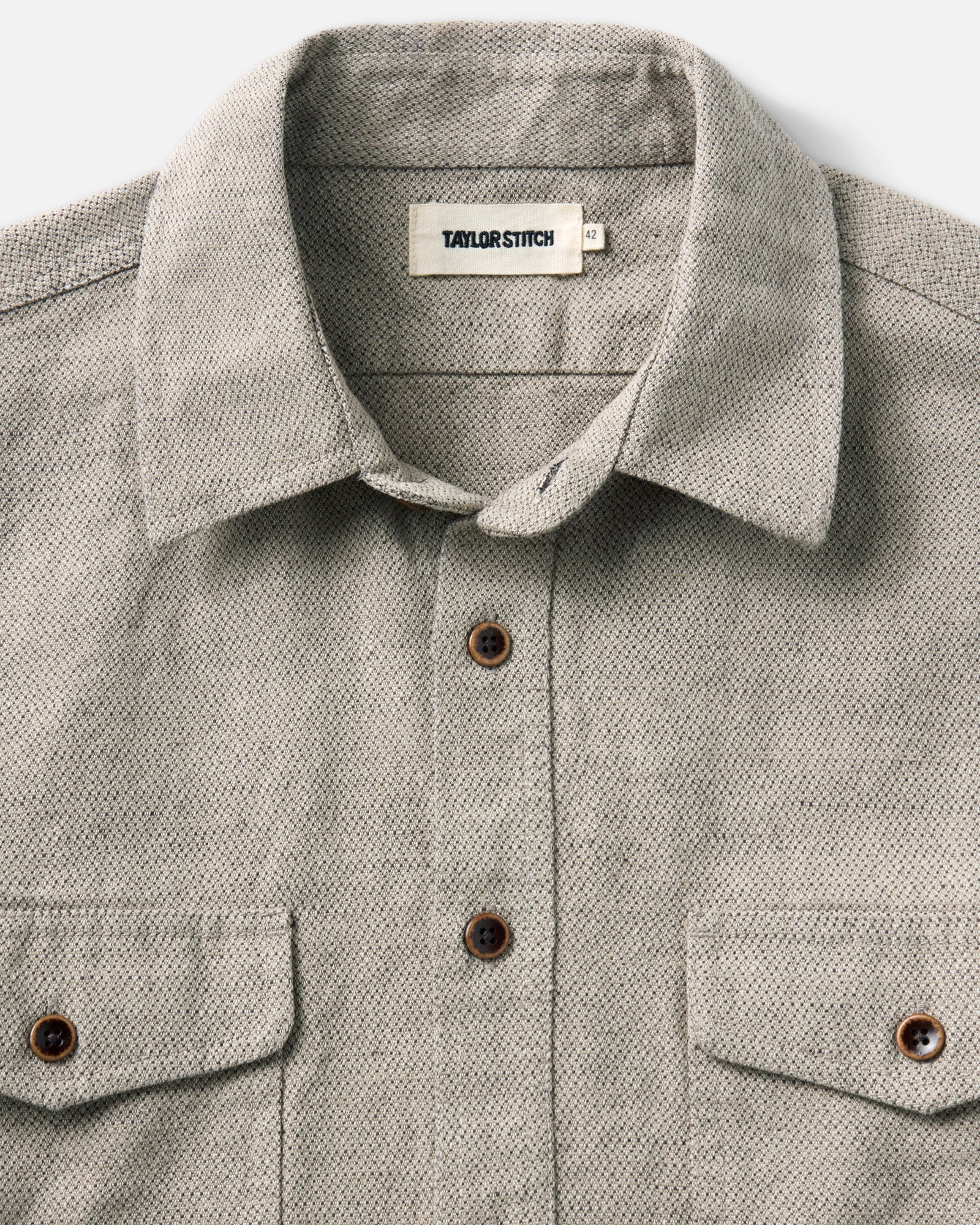material shot of the collar on The Redding Shirt in Boulder Marl Hemp, Wovens by Taylor Stitch