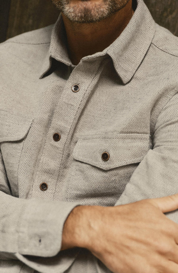 fit model showing off the buttons on The Redding Shirt in Boulder Marl Hemp
