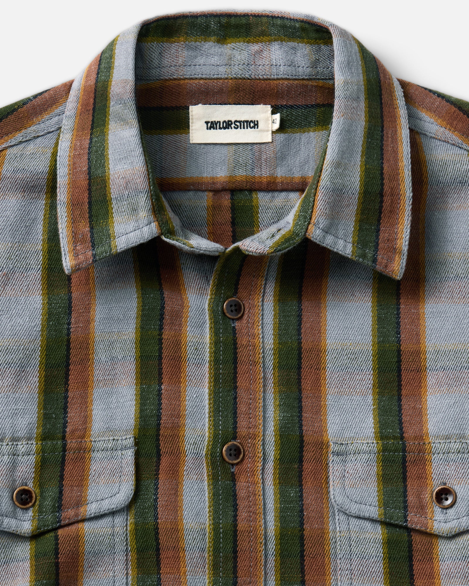 material shot of the collar on The Redding Shirt in Drizzle Check Hemp, Wovens by Taylor Stitch