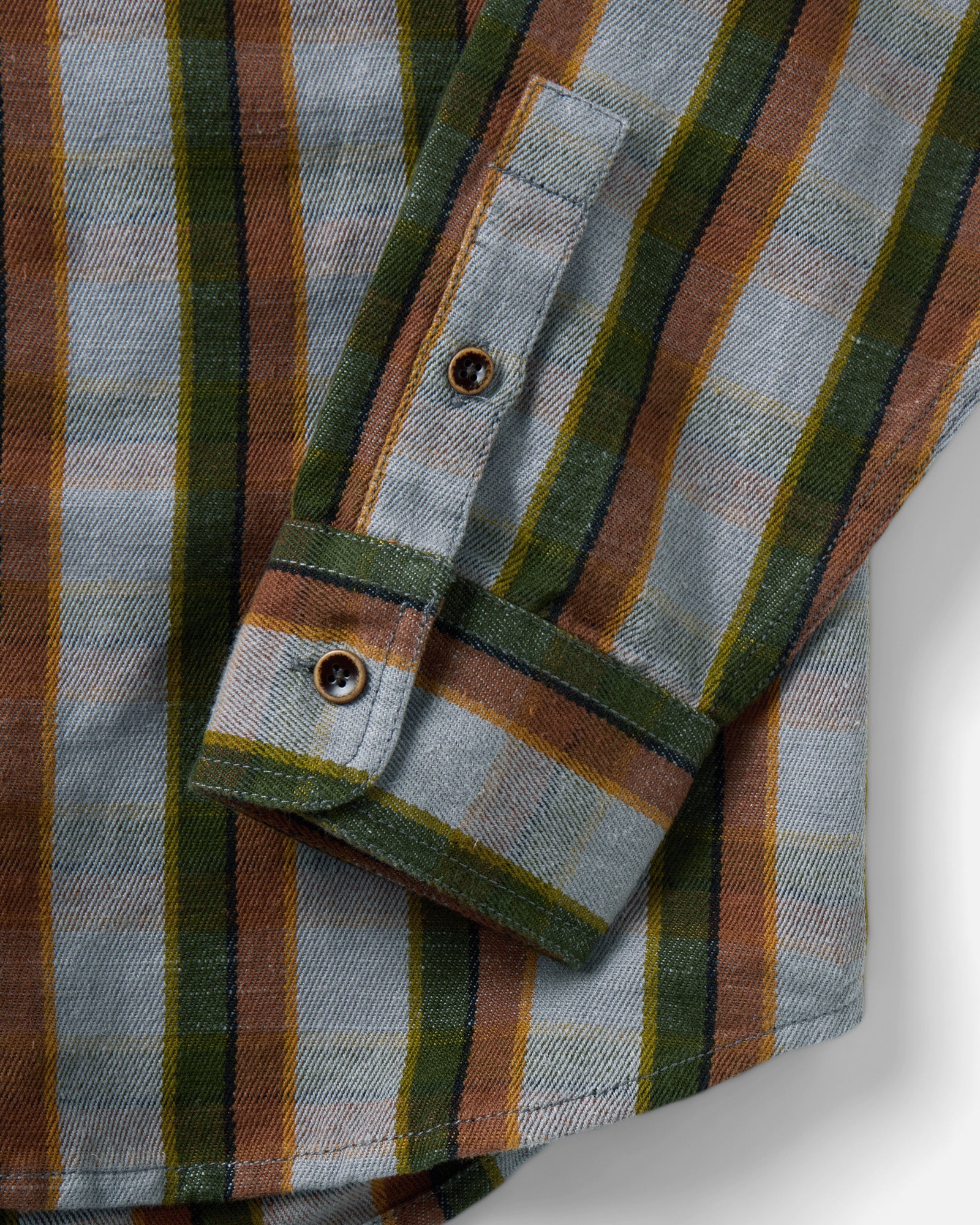 material shot of the sleeve on The Redding Shirt in Drizzle Check Hemp, Wovens by Taylor Stitch