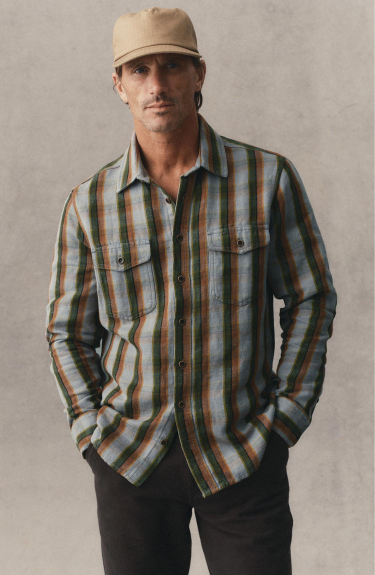 fit model posing in The Redding Shirt in Drizzle Check Hemp