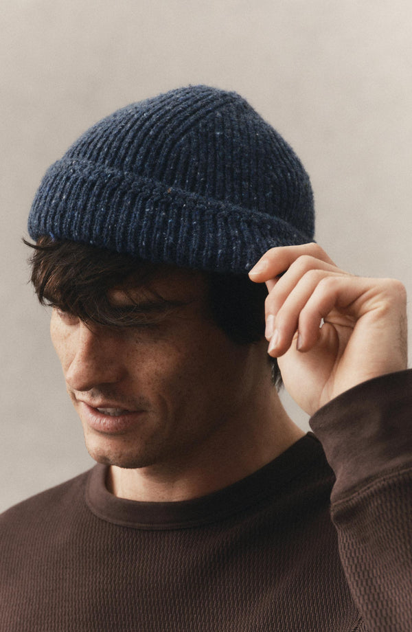 fit model adjusting The Seafarer Beanie in Atlantic Blue Donegal