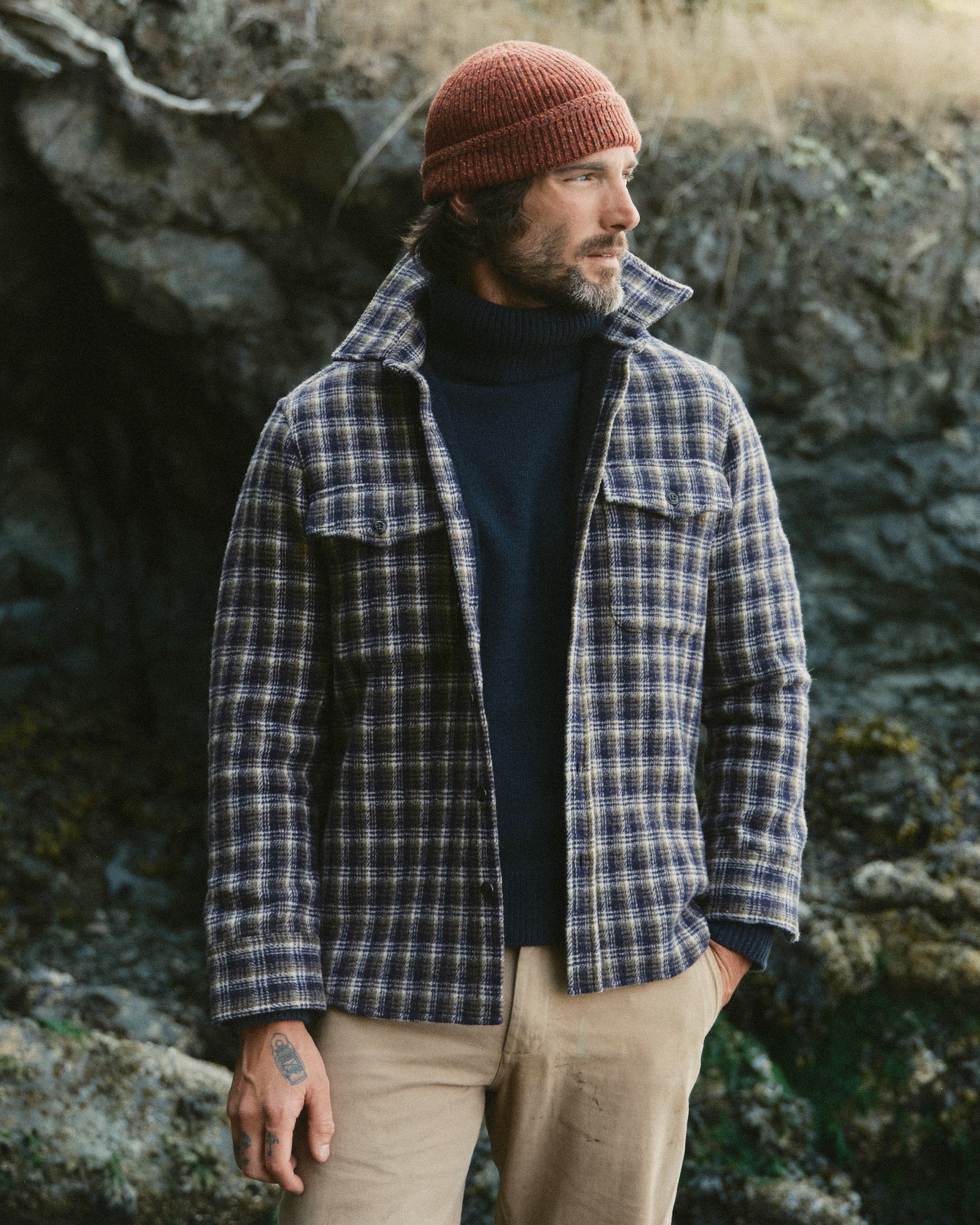fit model showing off The Seafarer Beanie in Ember Donegal, Accessories by Taylor Stitch