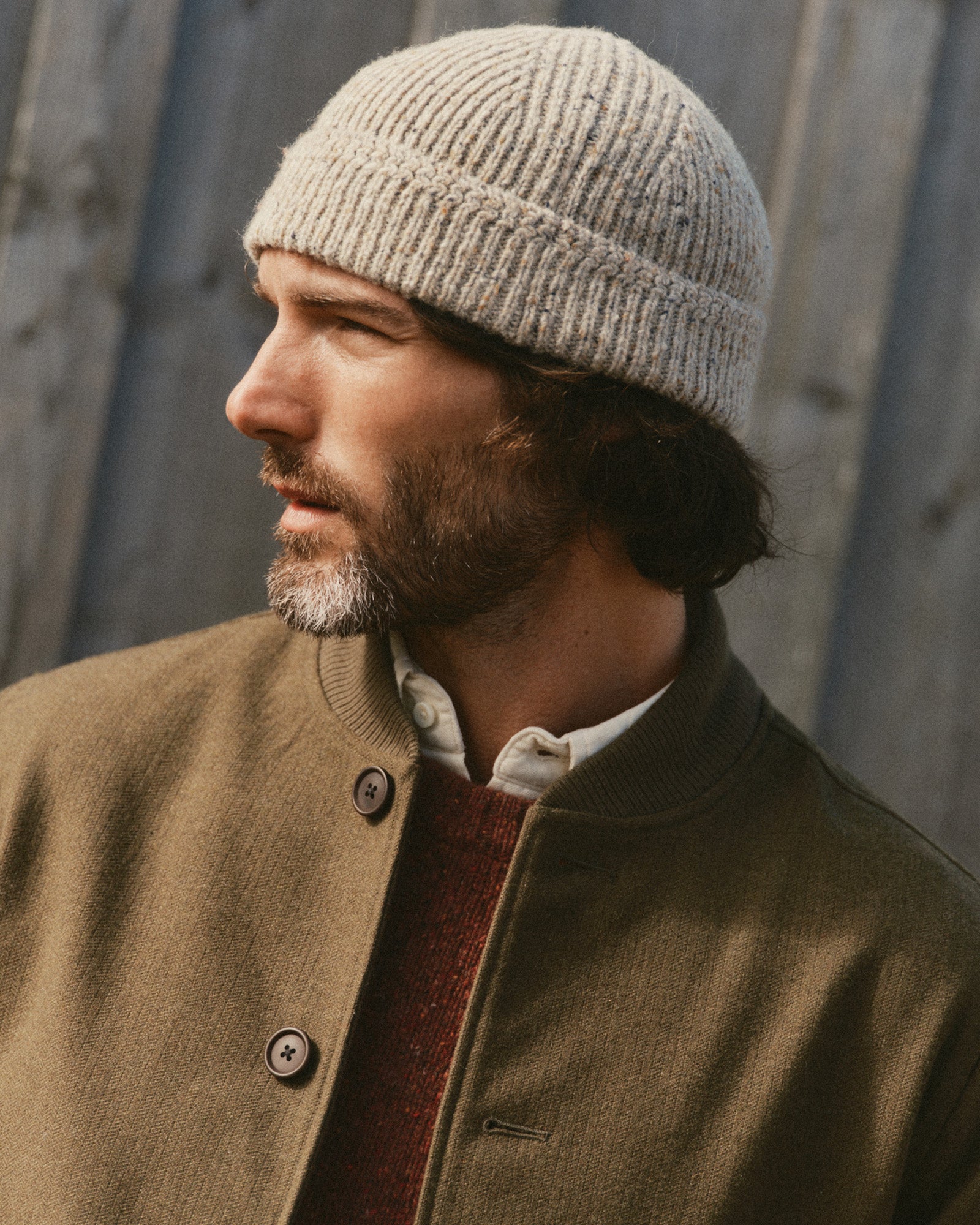 fit model showing off The Seafarer Beanie in Natural Donegal, Accessories by Taylor Stitch